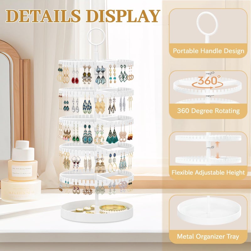 MODOWEY 5 Tier Rotating Earring Holder Organizer Display Tree with Metal Tray, Adjustable Plastic Stand with 285 Slots for Stud Hoop Hanger, Large Capacity Storage Rack for Women Space Saving, White - Image 4